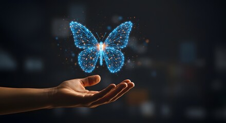 Futuristic technology transformation with human hand and holographic butterfly concept. A digital abstract butterfly flies from businessman's hands. Technology innovation concept