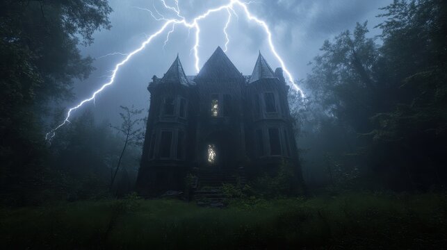 Gothic mansion amidst lightning storm in mysterious forest