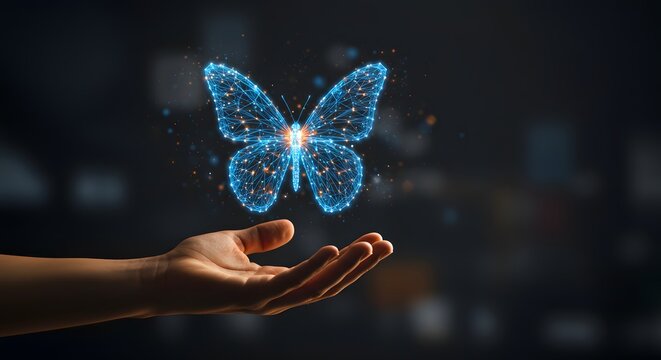 Futuristic technology transformation with human hand and holographic butterfly concept. A digital abstract butterfly flies from businessman's hands. Technology innovation concept