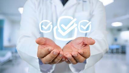 Gloved hand checking off a checklist in a laboratory representing quality control and precision in scientific research quality assurance, and laboratory work.