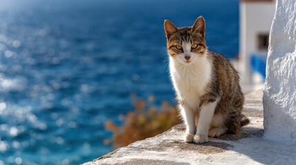 A cat sits on a wall overlooking a vibrant ocean
