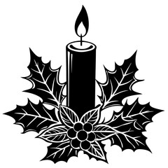 Black and white illustration of a christmas candle with holly and berries