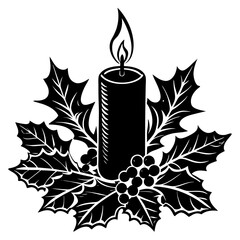 Black and white illustration of a christmas candle with holly and berries