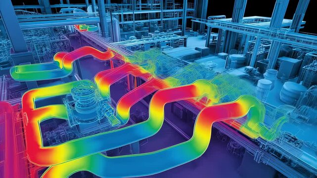 Thermographic inspection revealing heat distribution in an intricate network of industrial pipes, emphasizing temperature variations and energy inefficiencies