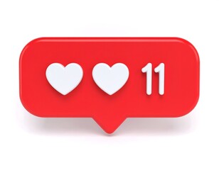 Red social media like button with white hearts and number