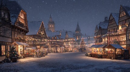 European village square at night with Christmas market stalls, twinkling lights and falling snow, cozy nostalgic mood, semi-realistic