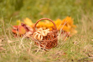 Russian bagels in a basket in autumn