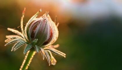 close up of flower bud with morning dew against blurred natural background