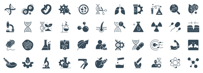Biology and Genetic Engineering Glyph Icon Set - Biotechnology, bioengineering, Science, Research, and Medicine Illustrations vector