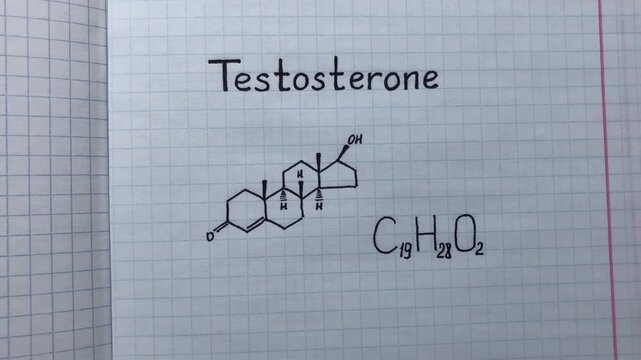 Chemical formula of Testosterone writing in a notebook.