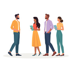 Fototapeta premium Flat vector illustration of a diverse business team standing together and communicating. Corporate teamwork concept, casual modern style, isolated on white background for business and HR themes