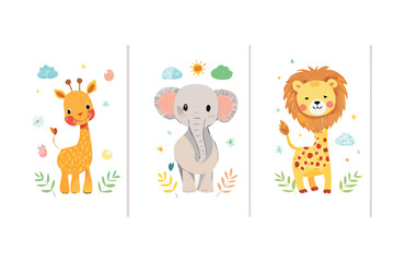 Cute cartoon safari animals giraffe elephant lion on black background