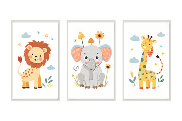 Naklejka premium Cute cartoon baby animals lion elephant and giraffe set