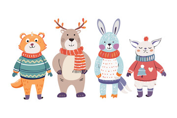 Cute cartoon animals wearing cozy winter sweaters and scarves