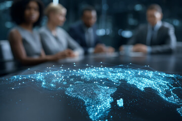 Glowing Digital World Map Projection on Dark Table with Blurred Business People in Background glowing map