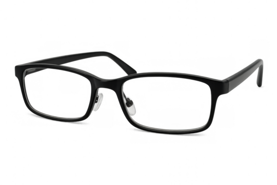 Black eyeglasses resting on clean surface, highlighting modern design for corrective eyewear