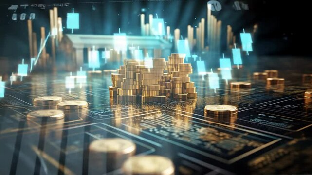 A fusion of images featuring financial graphs, stock market displays, and neatly stacked rows of coins presented in a double exposure effect—visually conveying the core concepts of finance 4K - Powered by Adobe