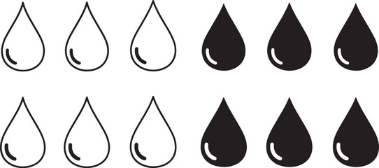 Set of water drop icons in black and white outline and solid fill isolated on white background isolated on transparent background silhouette