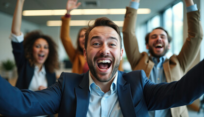 Obraz premium A group of office colleagues joyfully celebrating with raised arms and wide smiles in a bright office setting.
