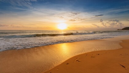 Obraz premium golden beach sunrise capturing beauty of warm calm ocean scene with yellow sunlight on sand footprints and bright skies showcase natural beauties sun kissed glow