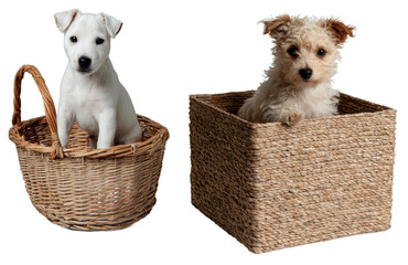 Adorable puppies sitting in woven baskets with curious expressions on a black background showcasing playful and charming small dog breeds isolated transparent png