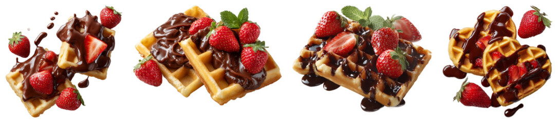 Freshly made waffles topped with juicy strawberries and rich chocolate drizzle, perfect for a sweet breakfast or snack isolated transparent png