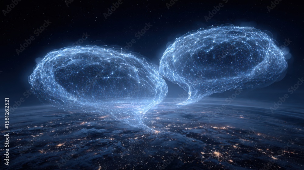 Poster two blue blobs of light are floating in the sky. the blobs are connected by a line