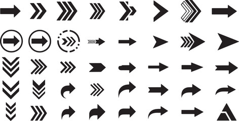 Collection of various black arrow icons and symbols isolated on white background isolated on transparent background silhouette