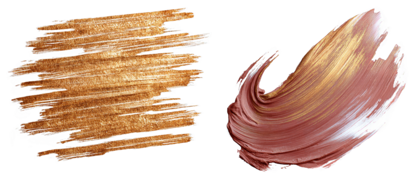 Artistic abstract brushstrokes featuring textured metallic and creamy pink tones with dynamic shapes and vibrant color contrasts isolated transparent png