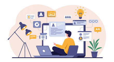 Illustration of a person sitting cross-legged, working on a laptop, surrounded by digital icons representing data, communication, and a bright idea.