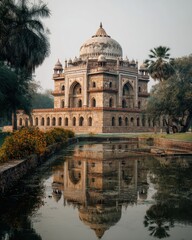 Fototapeta premium Reflective serenity of an ancient tomb. The tranquil water mirrors the architectural marvel.