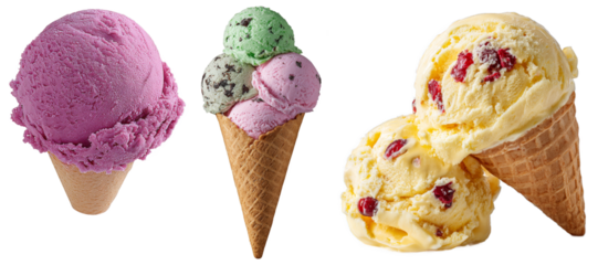 Colorful ice cream cones with multiple flavors and textures over black background isolated transparent png