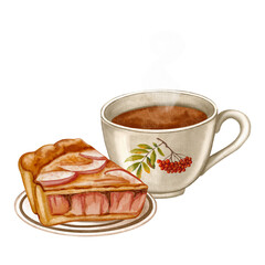 Cup of hot coffee with slice of apple pie on plate, cozy and warm, illustrated in soft watercolor style, perfect for autumn design, cafe decor, menu, recipe cards and seasonal food projects.