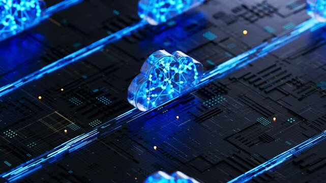 Cloud shape on circuit board symbolizes cloud computing technology and network security concept. 3D rendering, conceptual image.