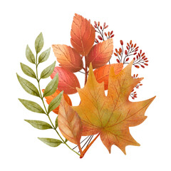 Bouquet of colorful autumn leaves in warm shades. Hand-painted in gentle watercolor style, perfect for seasonal, botanical and cozy fall-themed designs.
