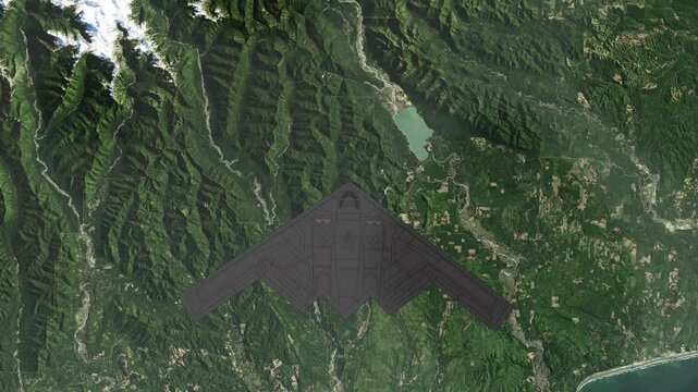 B2 stealth fighter jet flying over mountains and clouds birds eye view satellite view realistic 4k animation war concept