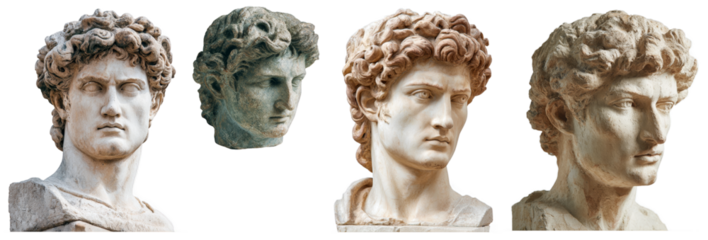Classic marble busts of ancient greek male sculptures showcasing detailed facial expressions, curly hair, and textured stone surfaces against a plain black background isolated transparent png