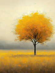 A single golden-yellow tree stands alone in a quiet autumn field, symbolizing solitude, natural beauty, and the changing seasons under a soft sky