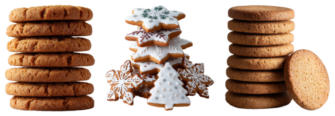 Assorted christmas cookies with iced snowflake and christmas tree decorations displayed in stacks and patterns on a black background isolated transparent png