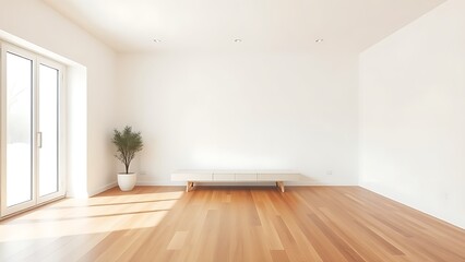 Minimalist living room with clean white walls and warm wood flooring, featuring mid-century modern furniture and soft natural light.
