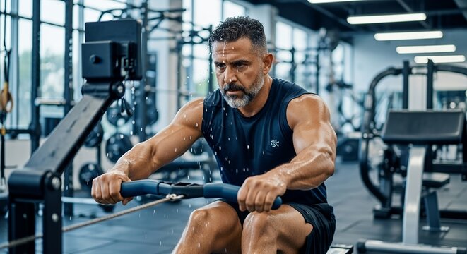 Intense workout on rowing machine muscular man sweating fitness motivation