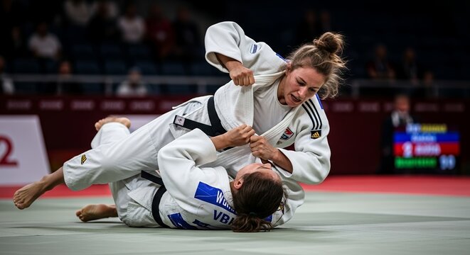 Judo Competition Intense Grappling Action on the Mat