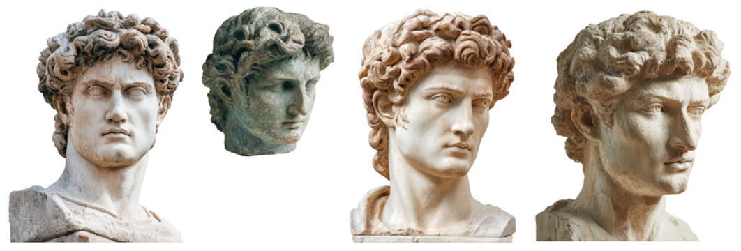 Classic marble busts of ancient greek male sculptures showcasing detailed facial expressions, curly hair, and textured stone surfaces against a plain black background isolated transparent png - Powered by Adobe