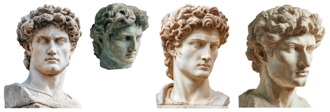 Classic marble busts of ancient greek male sculptures showcasing detailed facial expressions, curly hair, and textured stone surfaces against a plain black background isolated transparent png
