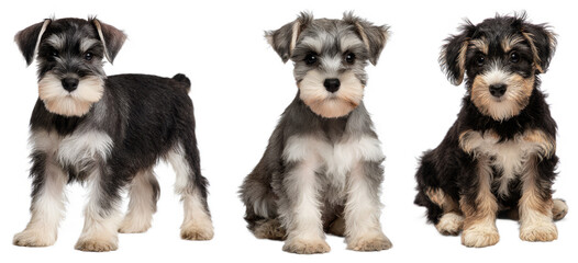 Adorable schnauzer puppies sitting together with curious expressions in a bright studio setting isolated transparent png