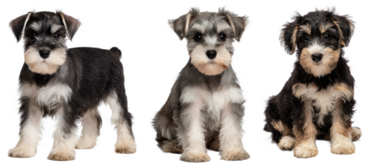 Adorable schnauzer puppies sitting together with curious expressions in a bright studio setting isolated transparent png