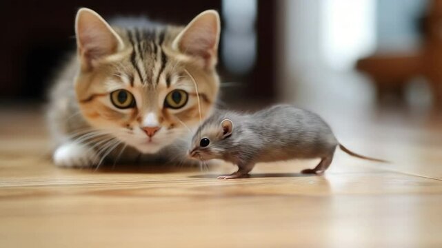 A playful scene featuring a cat frolicking with a small gerbil mouse on a tabletop, capturing a moment of curiosity and gentle interaction&mdash;blending charm, whimsy, and the unexpected harmon 4k
