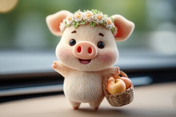 Fototapeta premium Adorable pig figurine holding a basket of apples.