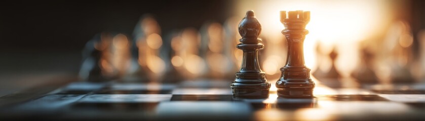 Black chess pieces on board with golden light