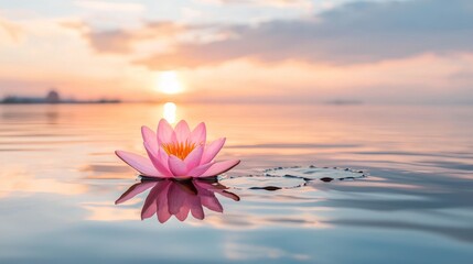 Pink lotus flower floats on calm water at sunrise